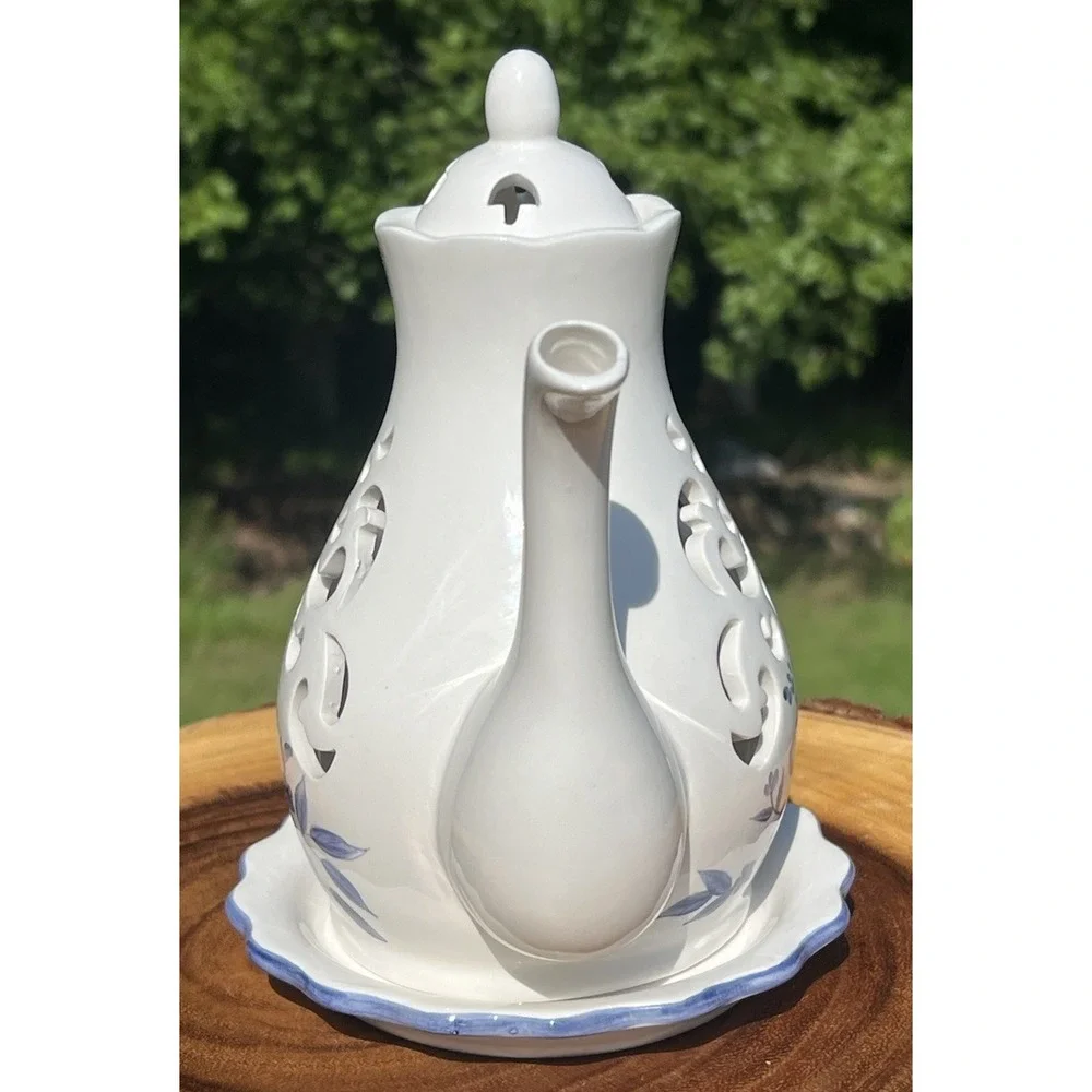 Blue White Porcelain Coffee Pot Tealight Fairy Light Lantern Pierced Floral